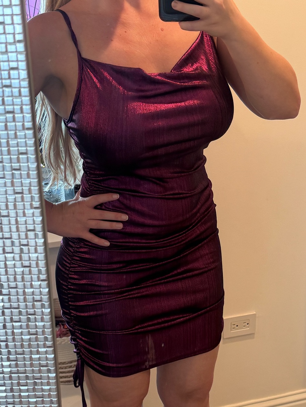 Metallic Plum Cowl Neck Ruched Mini Dress - Women